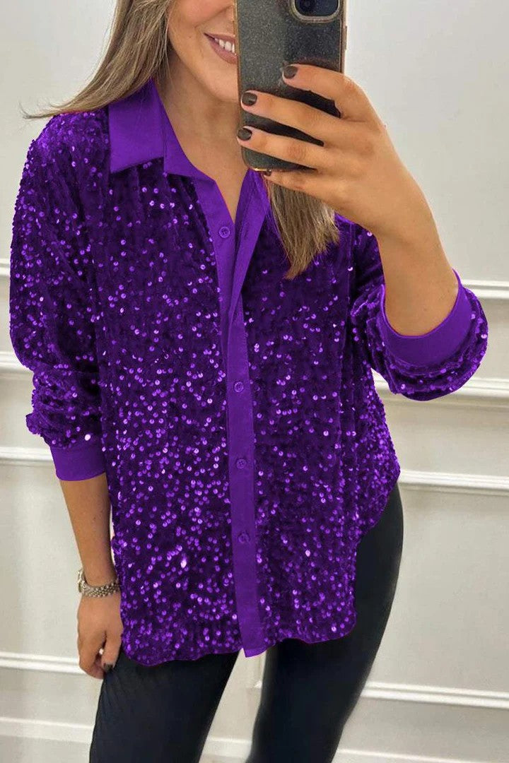 Damen Paillettenbluse Klassischer Kragen Glitzer Effekt