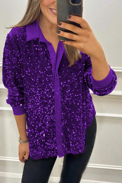 Damen Paillettenbluse Klassischer Kragen Glitzer Effekt