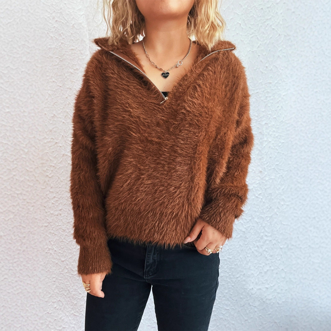 Damen Pullover Hohler Kragen Reißverschluss Kuschelig Grau Eveloria