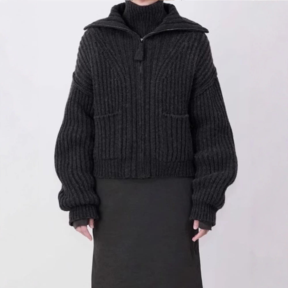Damen Grobstrickpullover Hochkragen Praktische Taschen Eveloria - Eveloria