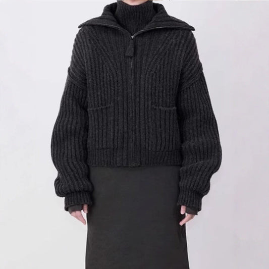Damen Grobstrickpullover Hochkragen Praktische Taschen Eveloria - Eveloria