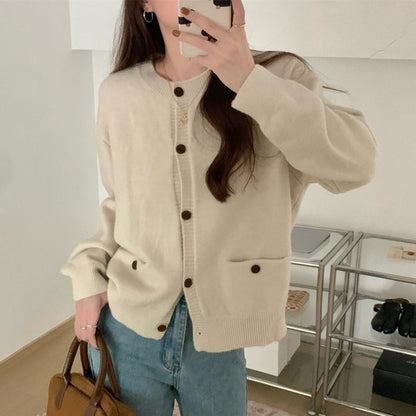 Damen Strickcardigan Großtaschen Knopfdetails Anthrazit