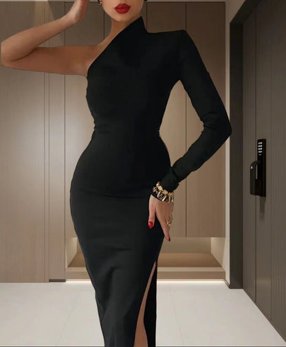 Damen Abendkleid Asymmetrisch Langarm Eveloria