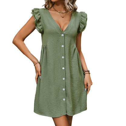 Damen Freizeitkleid Rüschendetails Knöpfe Ausschnitt Eveloria