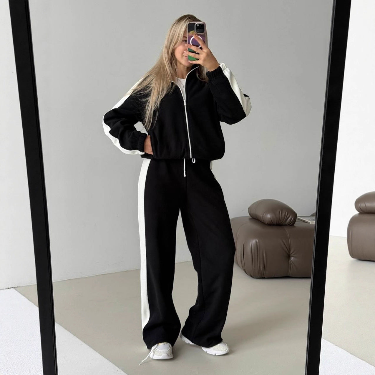 Damen Fleece-Jogginganzug Sportlich Mit Streifen Hocher Kragen