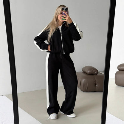 Damen Fleece-Jogginganzug Sportlich Mit Streifen Hocher Kragen