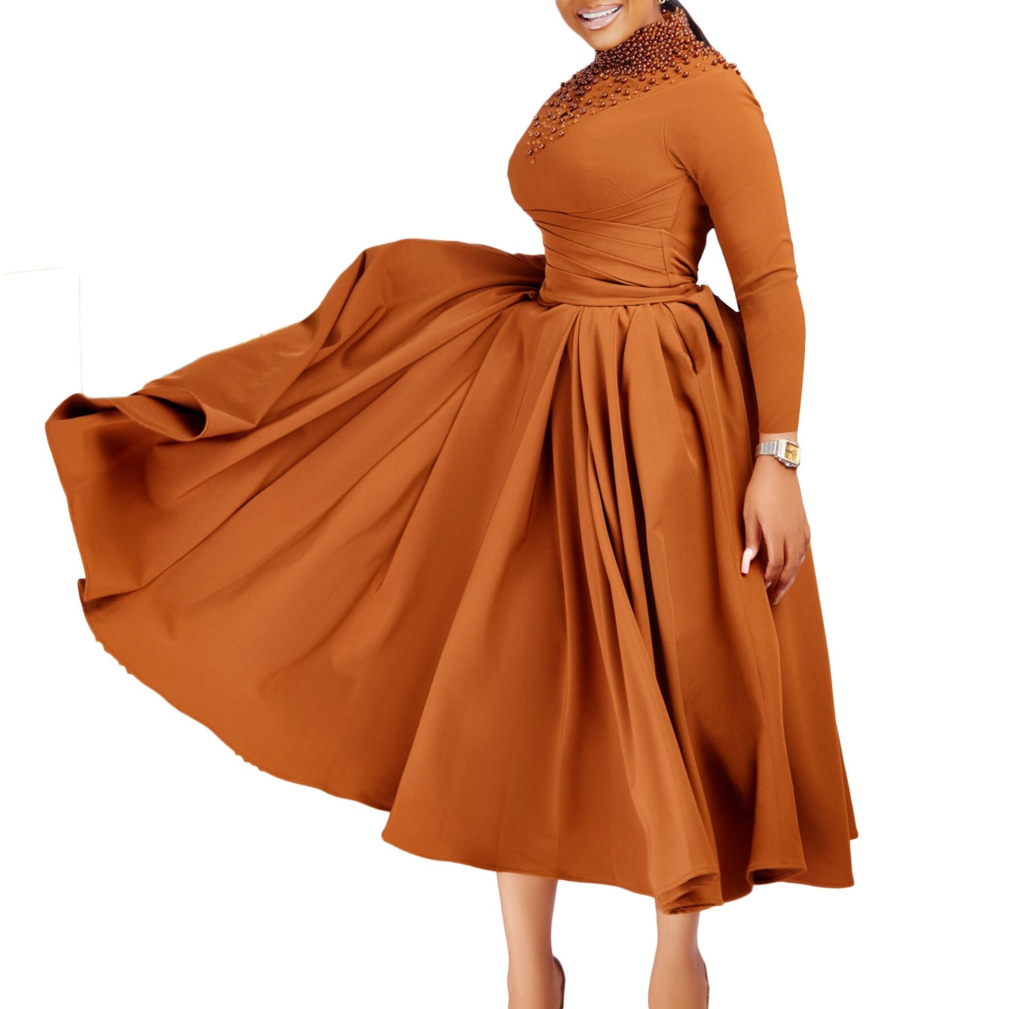 Damen Maxikleid mit Perlenverzierung Tailliert Eveloria
