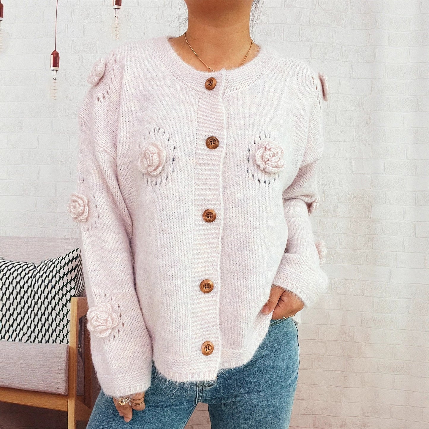 Damen Strickjacke Eveloria mit Floralmuster und Knöpfen