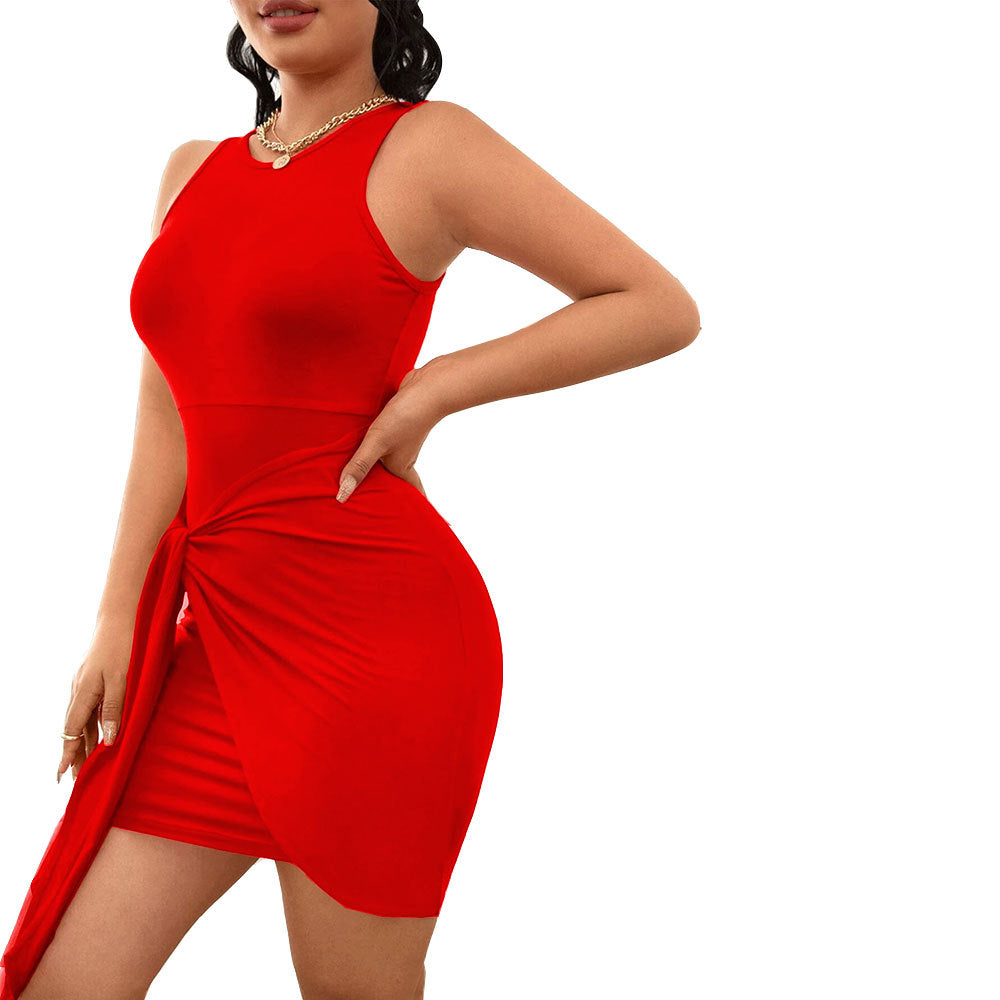 Damen Minikleid Rundhalsausschnitt Seitlicher Bindegürtel Eveloria