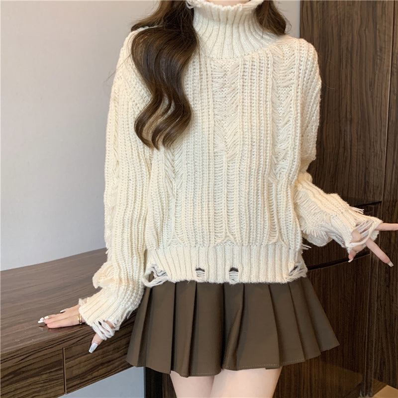 Damen Grobstrickpullover Hochkragen Französischer Look Eveloria