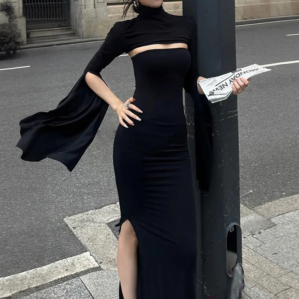 Damen Maxikleid Asymmetrischer Cut-Out Puffärmel Elegant