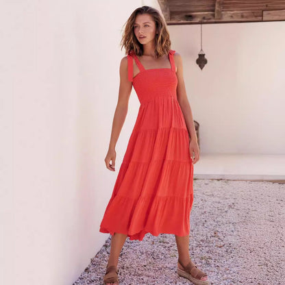 Damen Maxikleid Luftig Rüschendetails Spaghettiträger Eveloria