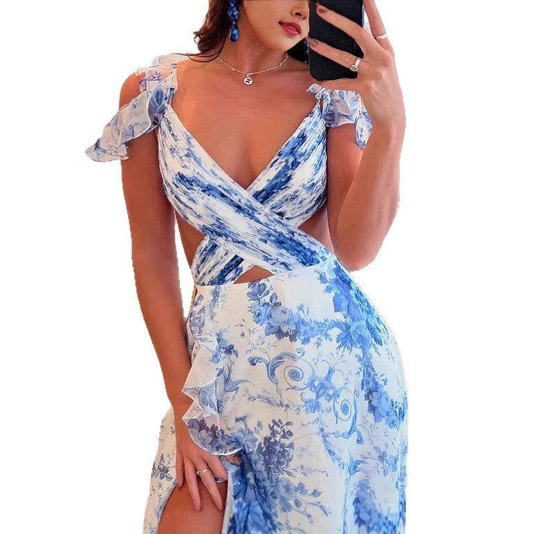 Damen Maxikleid Rüschen Floralmuster