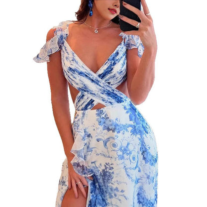 Damen Maxikleid Rüschen Floralmuster