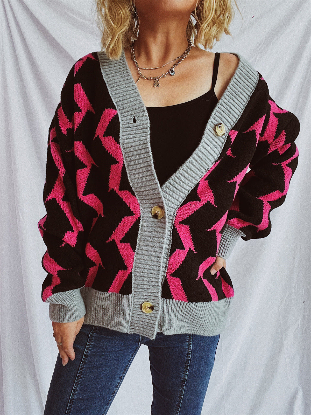 Eveloria Damen Strickjacke Geometrisches Muster Elegante Knöpfe