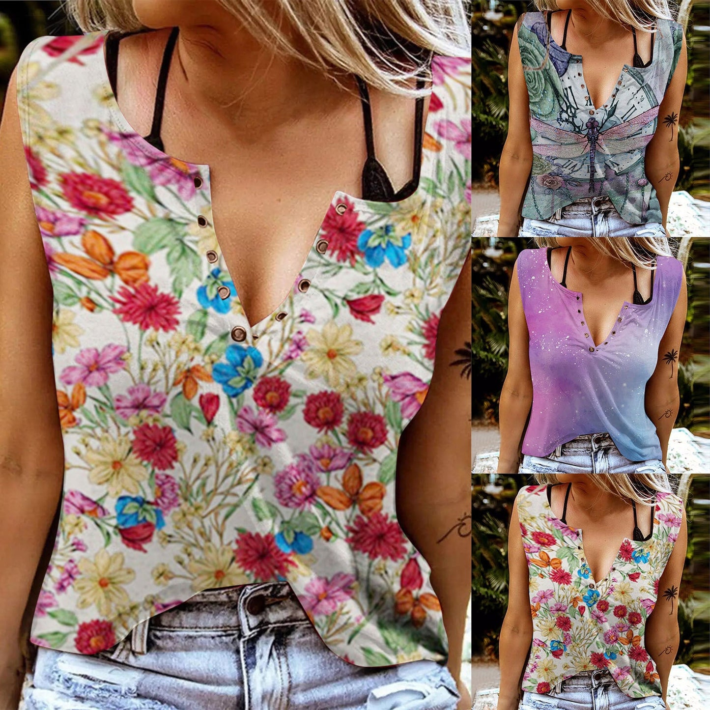 Damen Ärmelloses Florales Design Knopfdetails - Eveloria