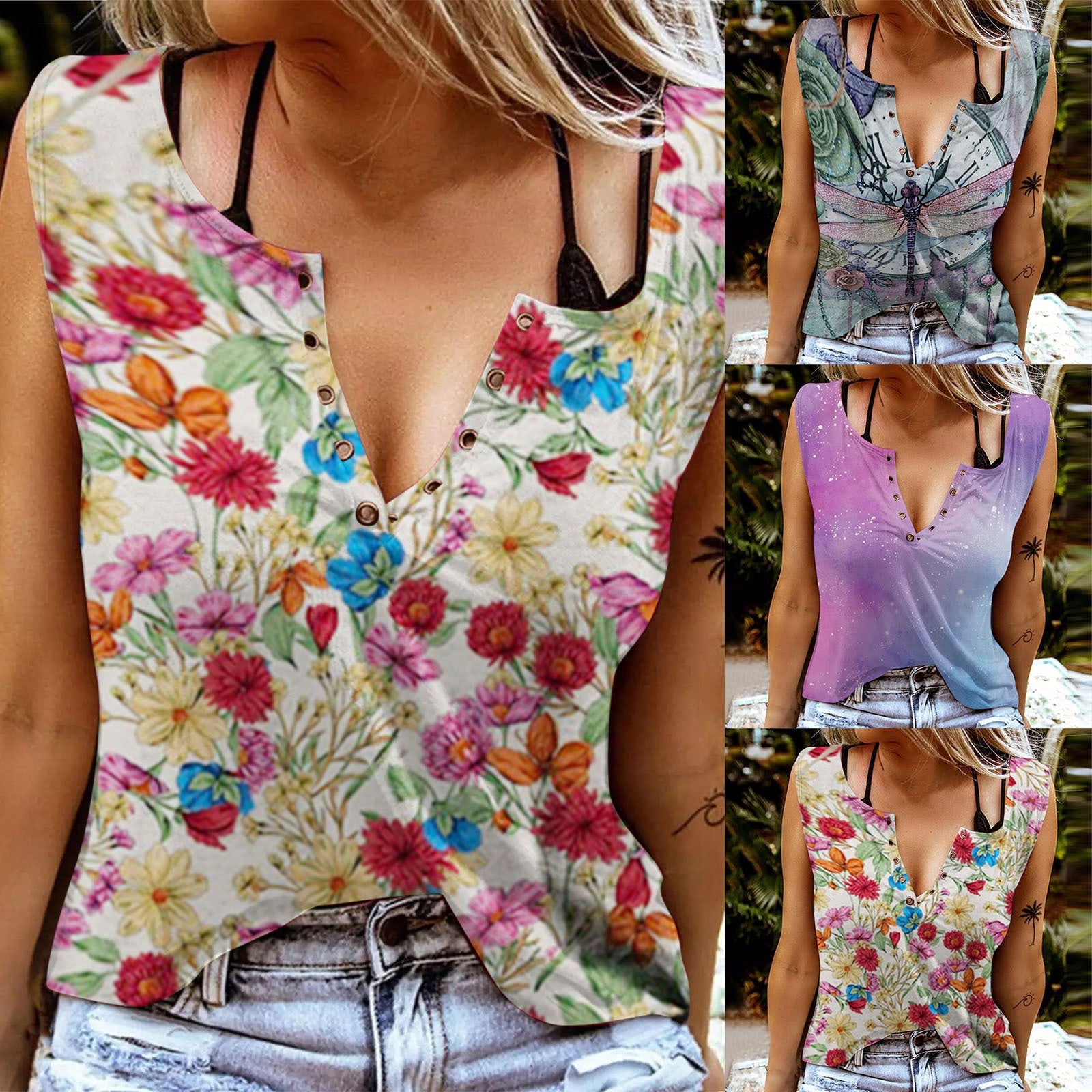 Damen Ärmelloses Florales Design Knopfdetails - Eveloria