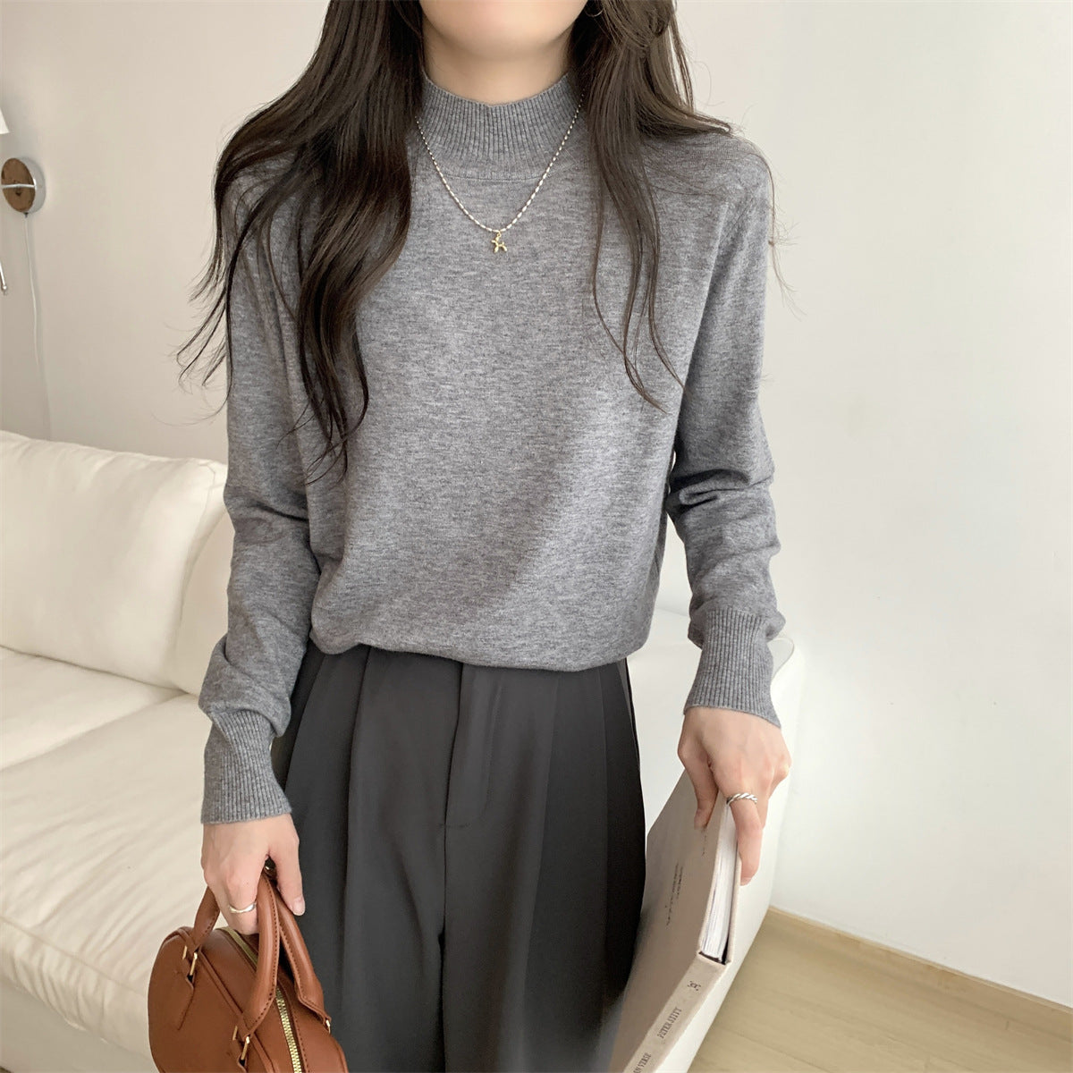 Damen Feinstrickpullover Stehkragen Lässig Eveloria
