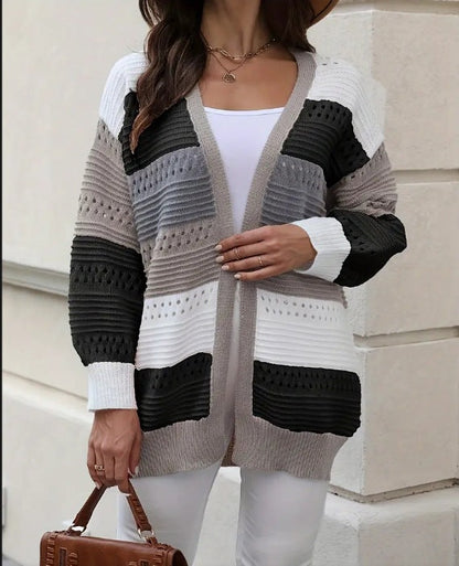 Damen Strickcardigan Groß Lochmuster Farbblockdesign Eveloria