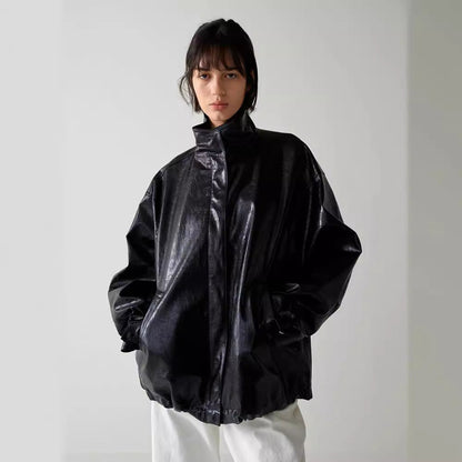 Damen Lederjacke Oversized mit Kragen und Knopfverschluss