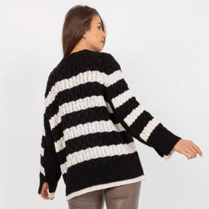 Damen Strickpullover Gestreift Voluminöse Ärmel weiß