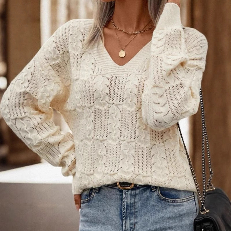Damen Strickpullover Offene Schulter Lochmuster