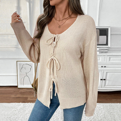 Damen Strickpullover Lässig Verstellbarer Kordelzug Feminin Beige