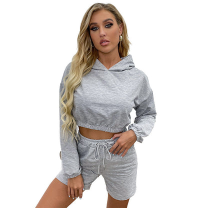 Damen Sport-Outfit Kapuzenpullover Kurzshorts Grau Eveloria