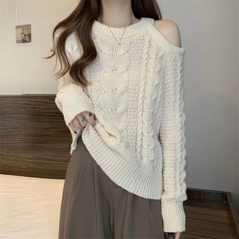 Damen Grobstrickpullover Asymmetrisch Zopfmuster Eveloria
