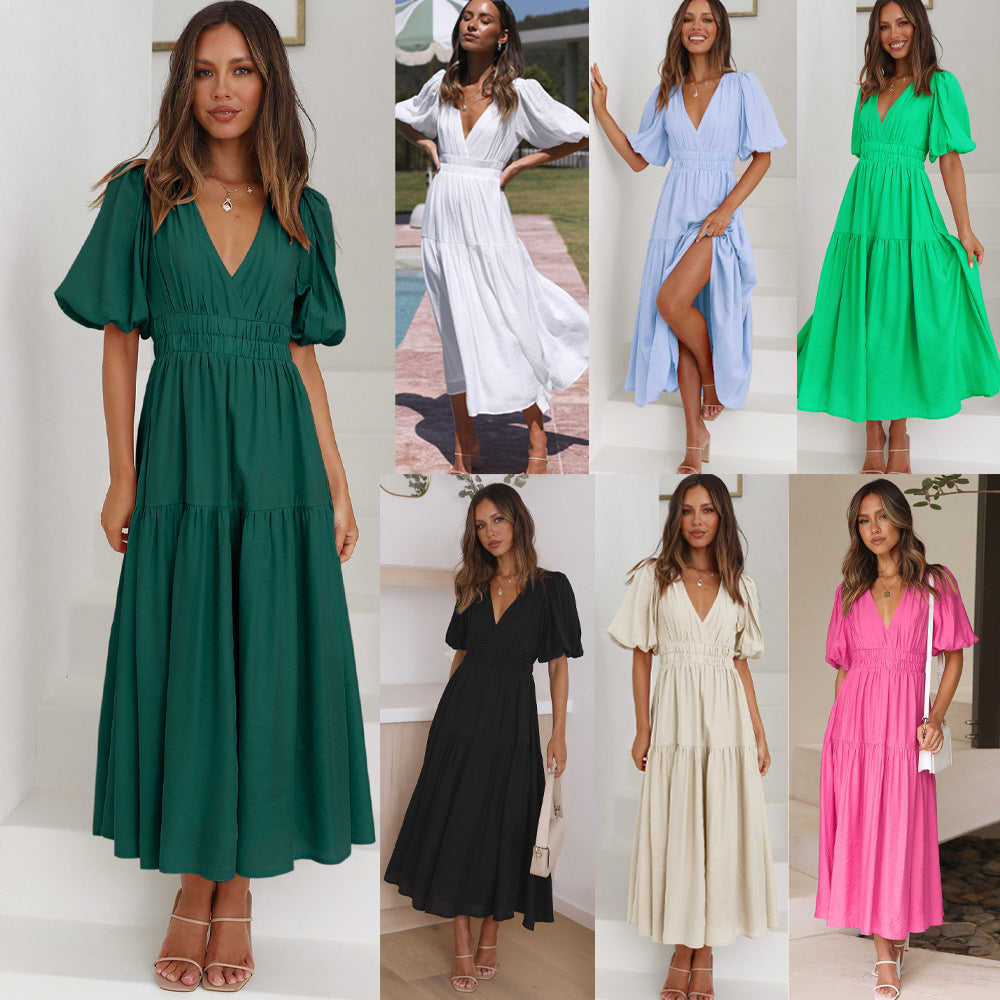 Damen Maxikleid V-Ausschnitt Puffärmel Eveloria - Eveloria