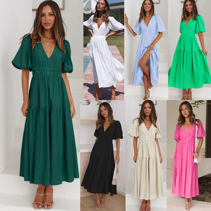 Damen Maxikleid V-Ausschnitt Puffärmel Eveloria - Eveloria
