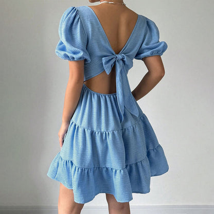 Damen Kleid Puffärmel Gestufter Saum Eveloria