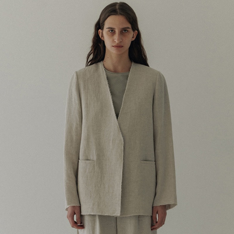 Damen Leinenblazer Elegantes Design Ohne Verschluss Beige - Eveloria