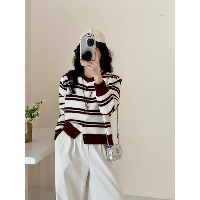 Damen Cardigan Streifenmuster Knöpfe Beige