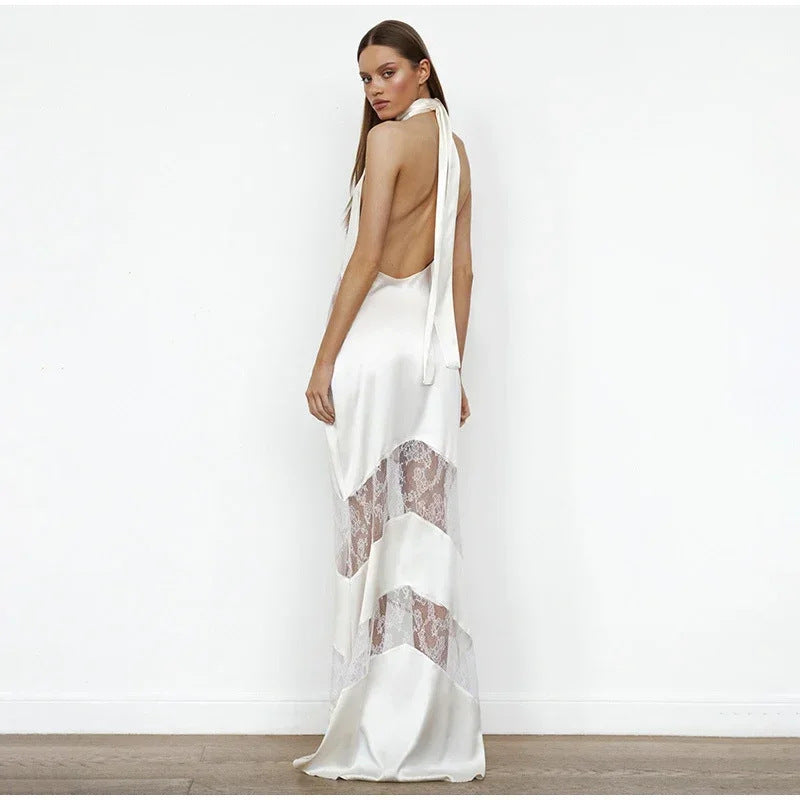 Damen Maxikleid Spitzenbesatz Elegant