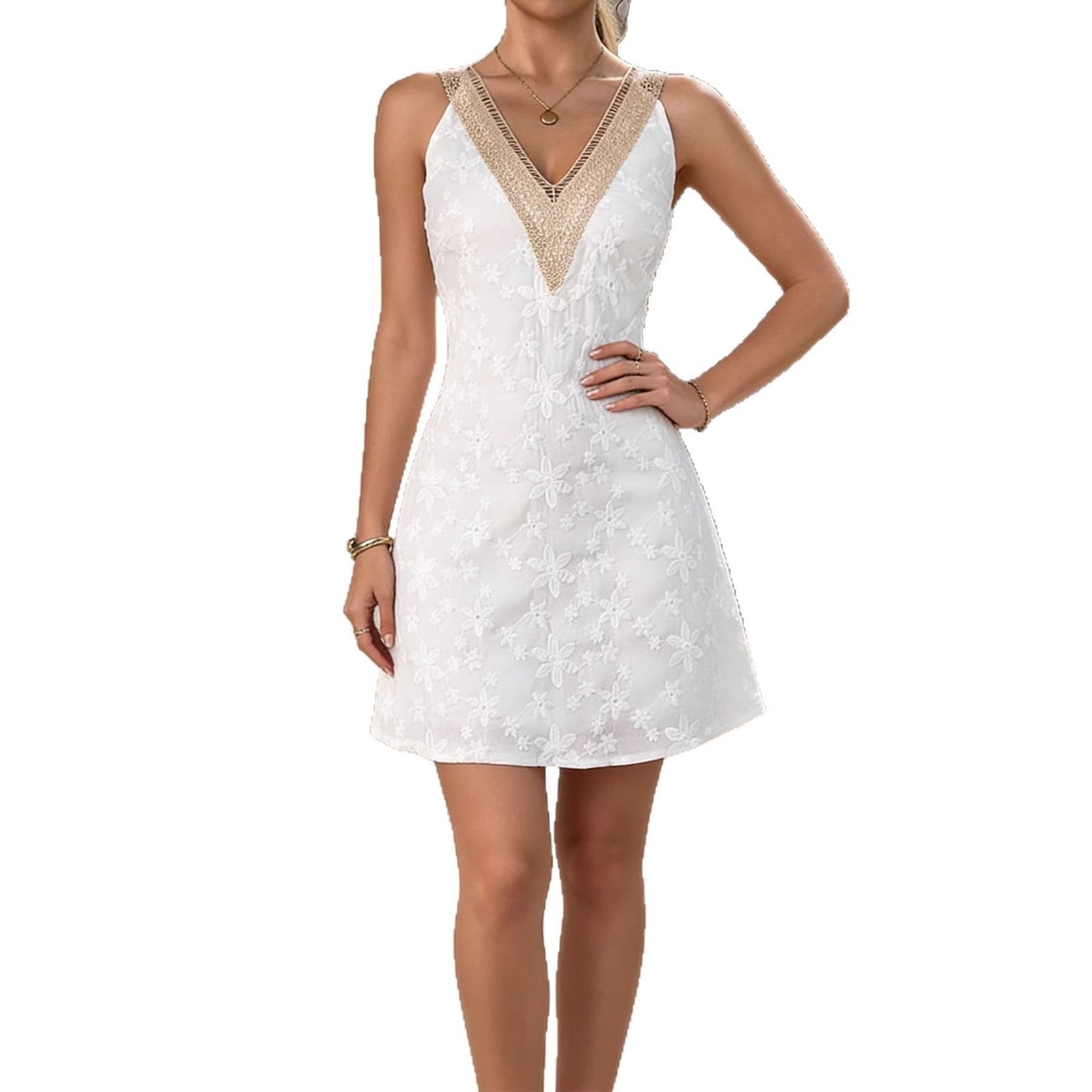 Damen A-Linien Kleid mit V-Ausschnitt Spitze Blumenmuster