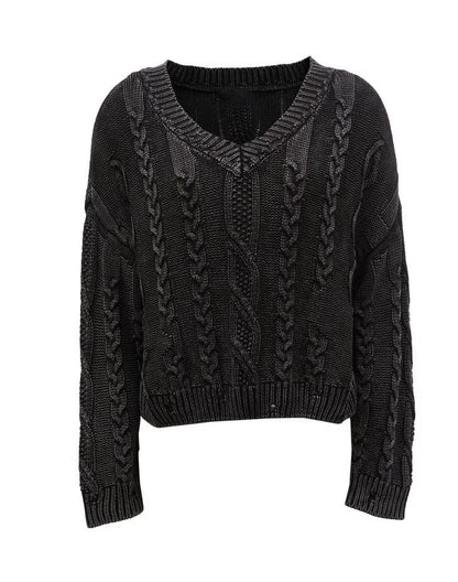 Damen Grobstrickpullover V-Ausschnitt Zopfmuster Eveloria