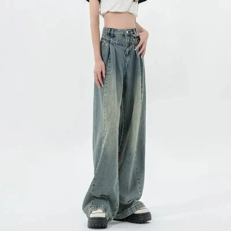 Damen Hochtaillierte Weite Jeans mit Falten Eveloria → Damen