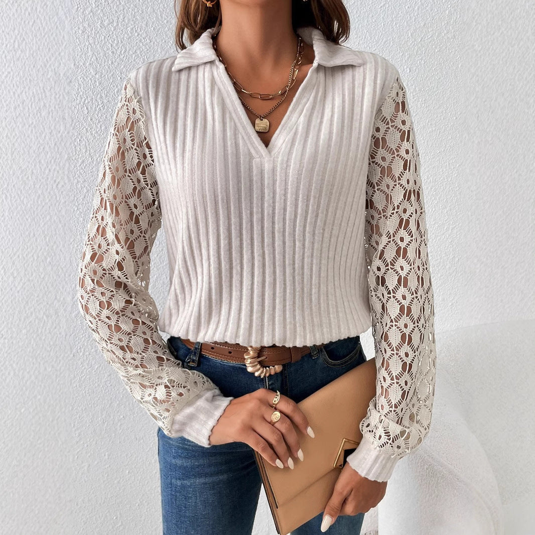 Damen Bluse V-Ausschnitt Spitzenärmel Rippstruktur Weiße Eveloria - Eveloria