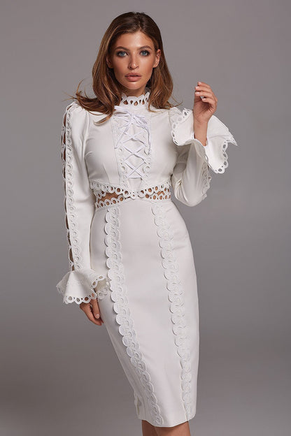 Damen Maxikleid Spitze Applikationen Röckchen Eveloria