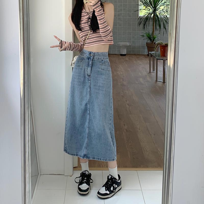 Damen Midi-Denimrock Lässig Mit Seitenschlitzen Blau Eveloria - Eveloria