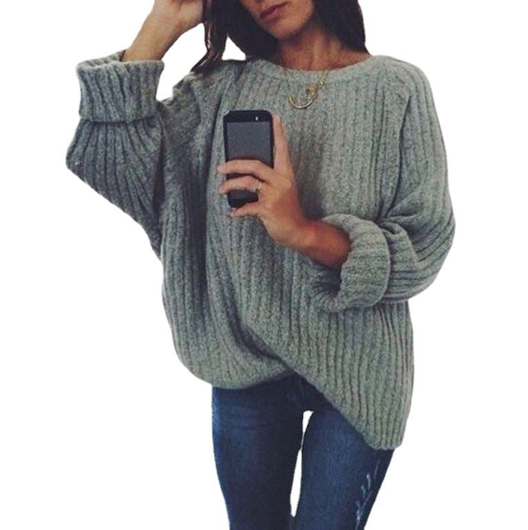 Damen Strickpullover Oversized Gerippt Weite Ärmel Beige