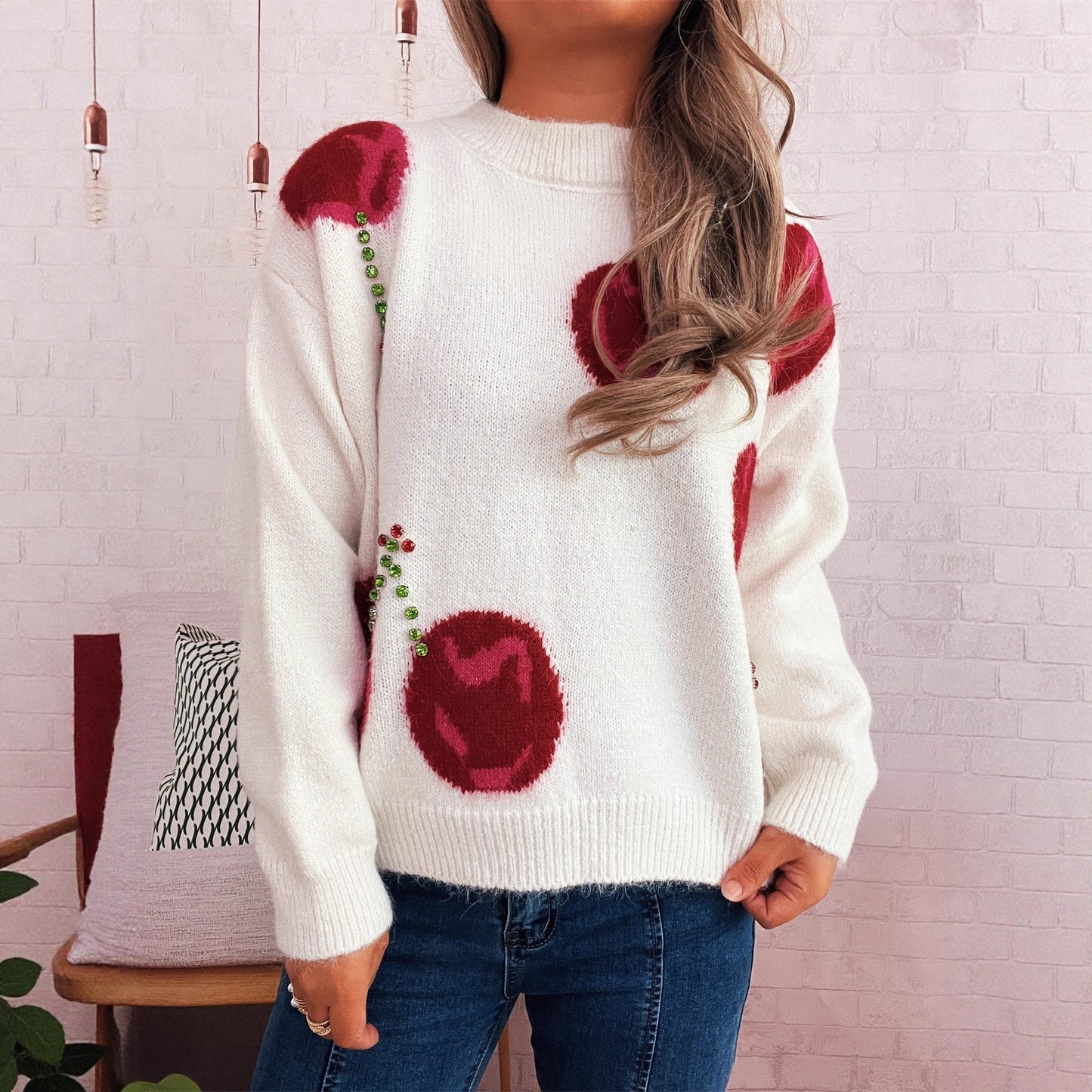 Damen Strickpullover Kuschelig Floralmuster Glitzernd - Eveloria