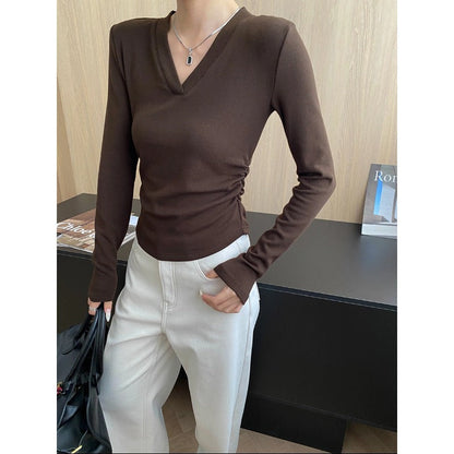Damen Longsleeve-Oberteil V-Ausschnitt Raffung Eveloria - Eveloria