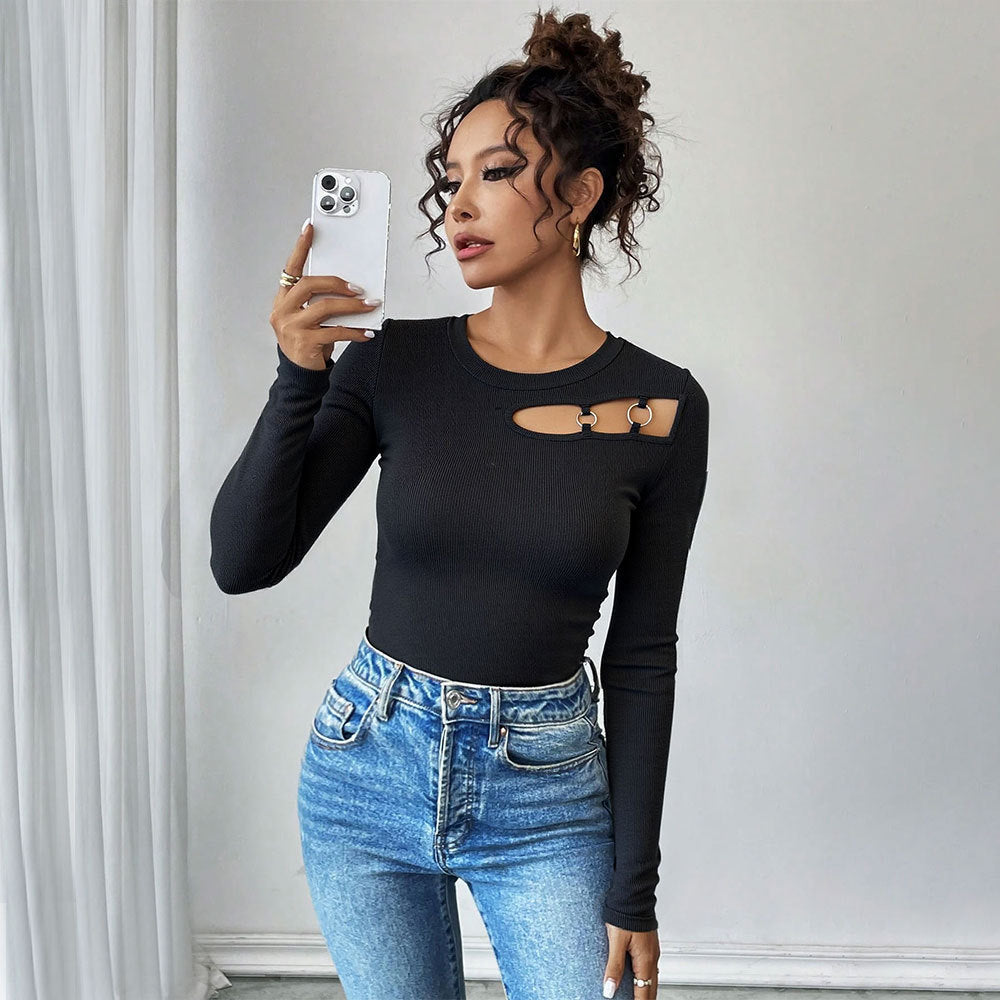 Damen Langarmshirt Asymmetrisch Cut-Out-Design Ringdetails Schwarz - Eveloria