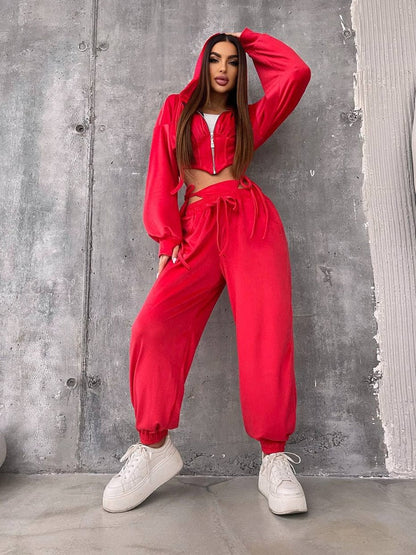 Damen Sportliches Velours-Set Reißverschluss Taillenschnitt Cropped