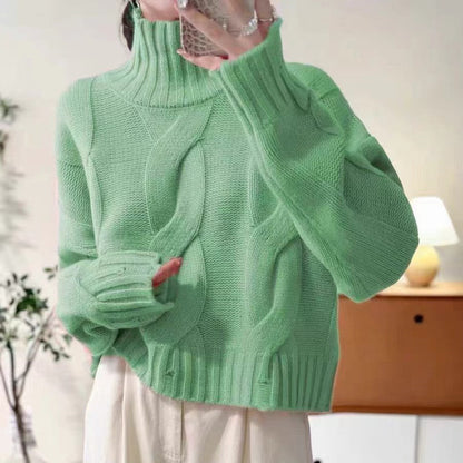Damen Strickpullover Hochkragen Zopfmuster Eveloria