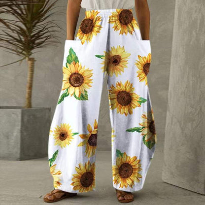 Damen Blumenhosen Weite mit Taschen Elastischer Bund