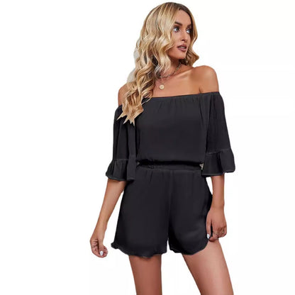 Damen Off-Shoulder Jumpsuit Elastisch Voluminöse Ärmel