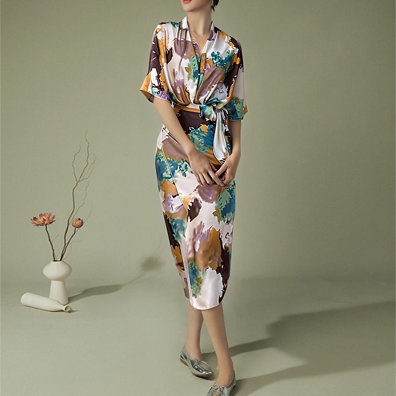 Damen Wickelkleid Kimono-Ärmel Taillengürtel Eveloria